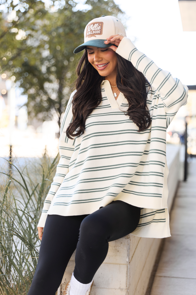 Jurnee Ivory and Green Striped V-Neck Sweater