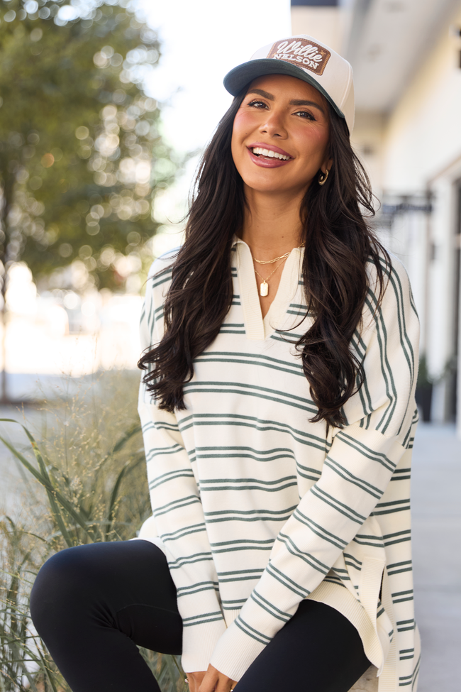 Jurnee Ivory and Green Striped V-Neck Sweater