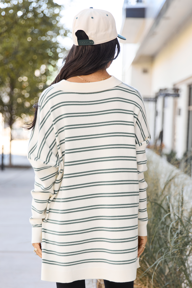 Jurnee Ivory and Green Striped V-Neck Sweater