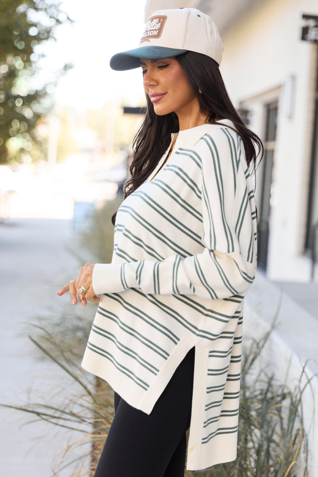 Jurnee Ivory and Green Striped V-Neck Sweater
