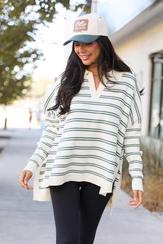 Jurnee Ivory and Green Striped V-Neck Sweater