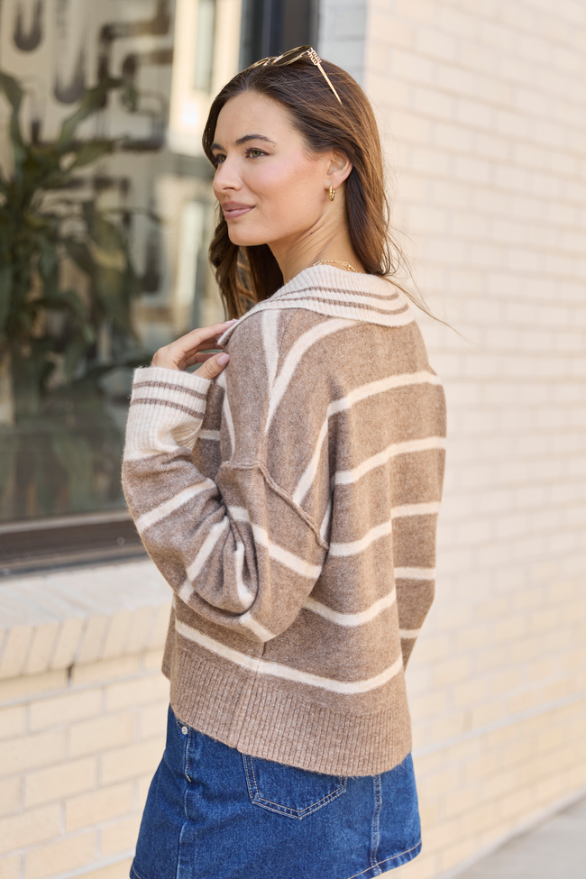 Saylor Taupe Stripe Collared V-Neck Pullover