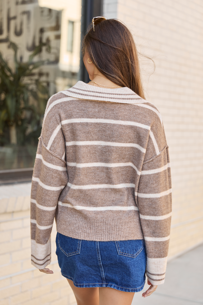 Saylor Taupe Stripe Collared V-Neck Pullover