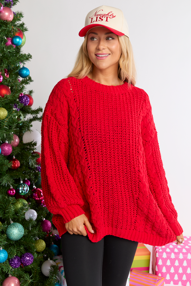 Ashten Red Chenille Cable Knit Oversized Sweater