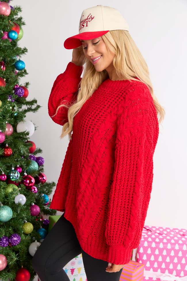 Ashten Red Chenille Cable Knit Oversized Sweater