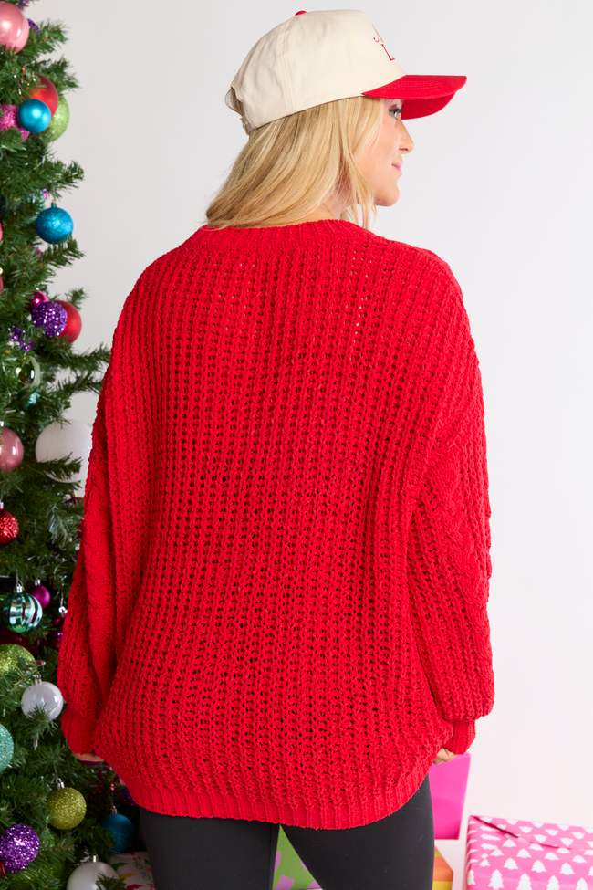 Ashten Red Chenille Cable Knit Oversized Sweater