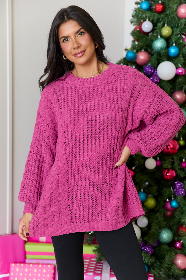 Ashten Magenta Chenille Cable Knit Oversized Sweater
