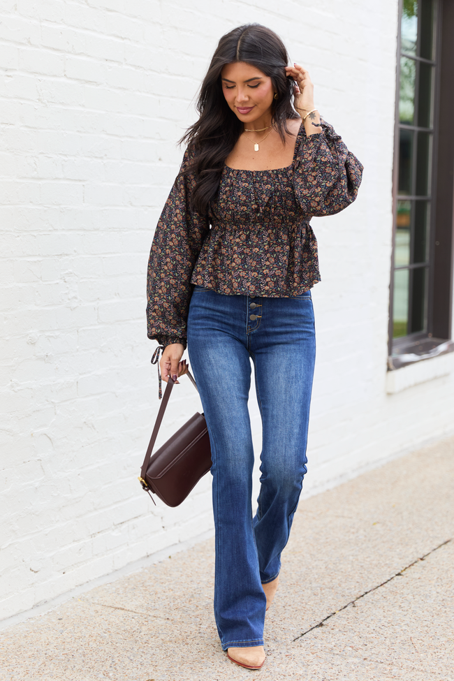 Evelina Black Floral Ruched Babydoll Top