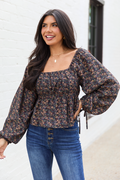 Evelina Black Floral Ruched Babydoll Top