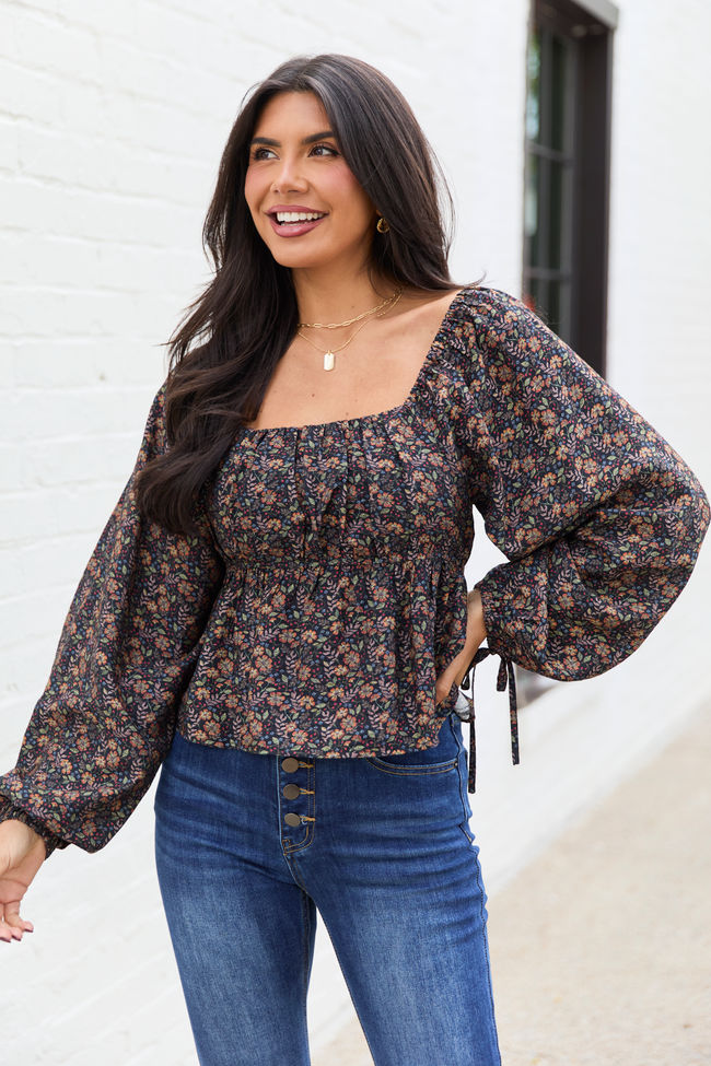 Evelina Black Floral Ruched Babydoll Top