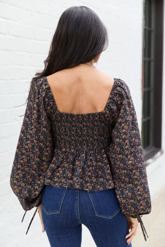 Evelina Black Floral Ruched Babydoll Top