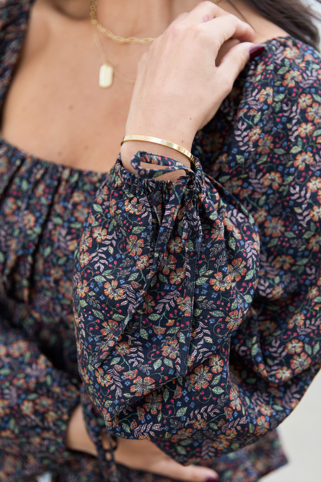 Evelina Black Floral Ruched Babydoll Top