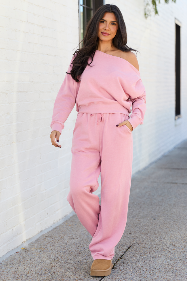 Learn As You Go Pink Off The Shoulder Sweatshirt