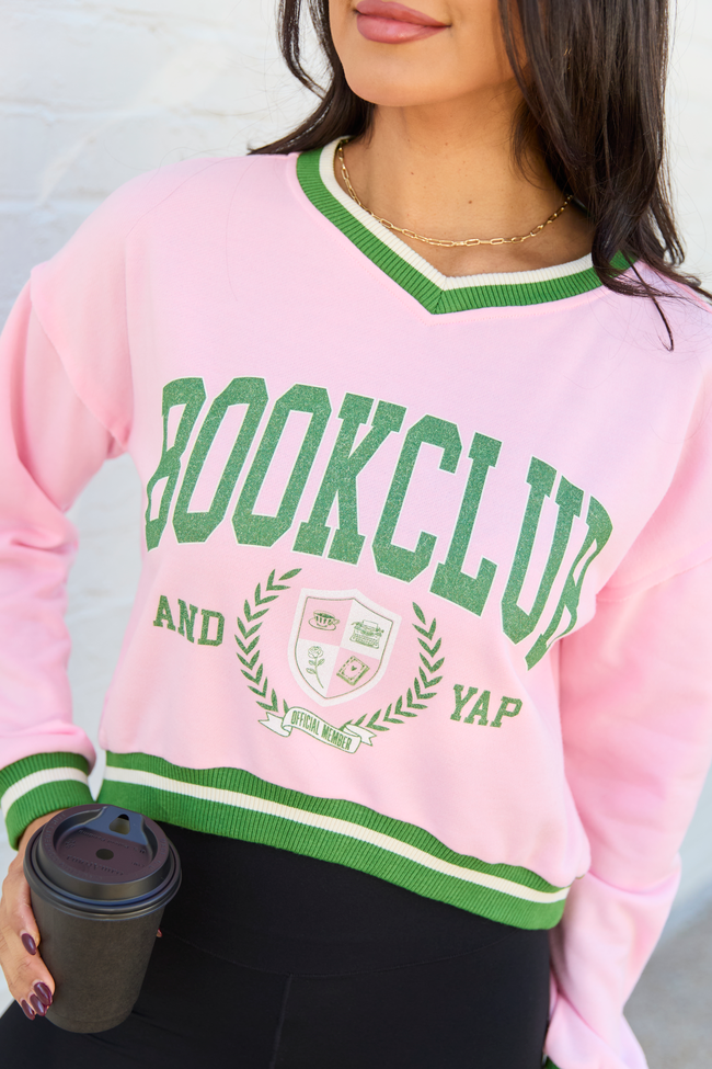 Book Club Pink and Green Cropped Graphic Sweatshirt