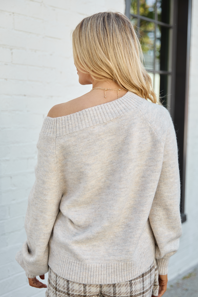 Rilyn Grey Off the Shoulder Crewneck Sweater