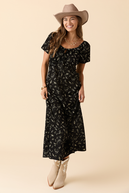 Bethany Black Floral Print Maxi Dress
