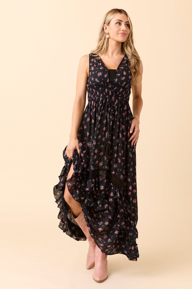 Lucky To Have You Sleeveless Black Floral Maxi Dress
