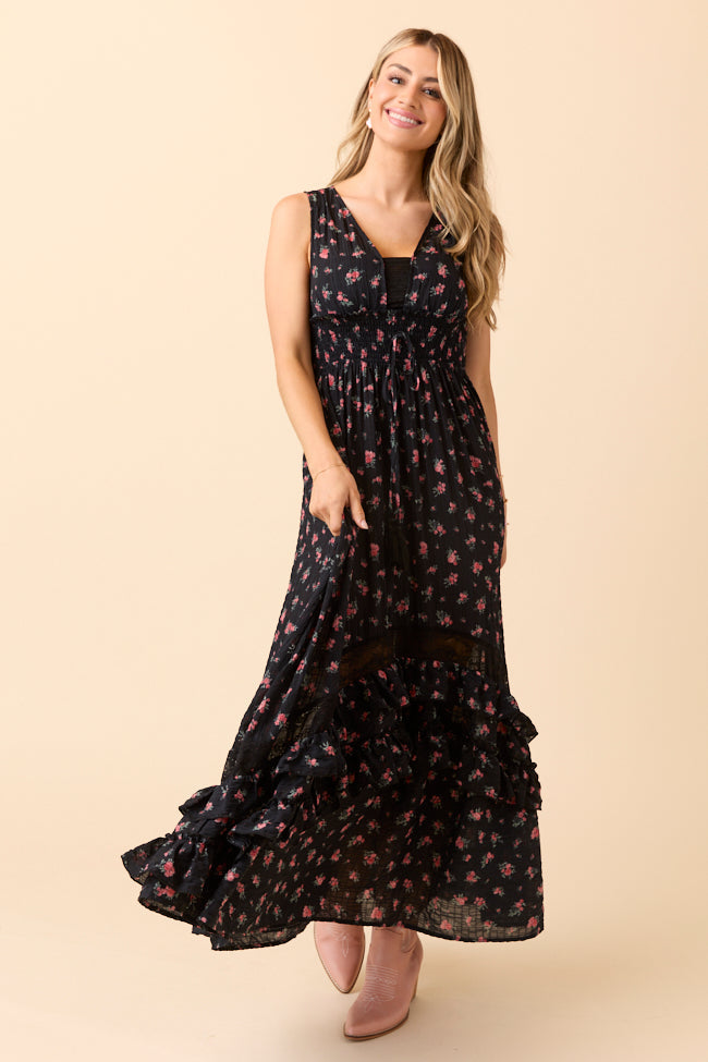 Lucky To Have You Sleeveless Black Floral Maxi Dress