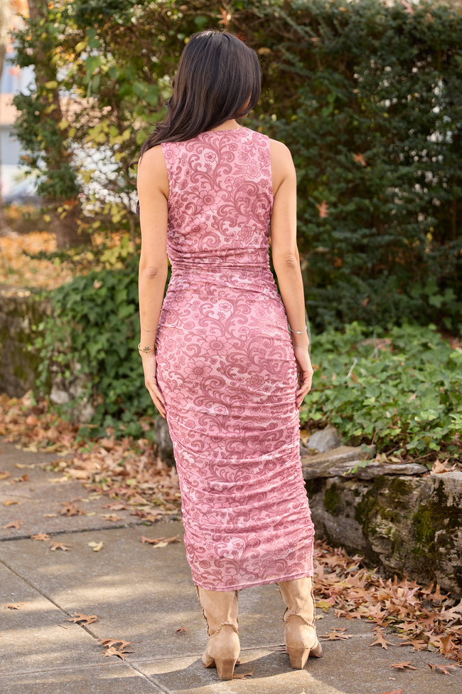 Ali Mauve Lace Print Mesh Midi Dress