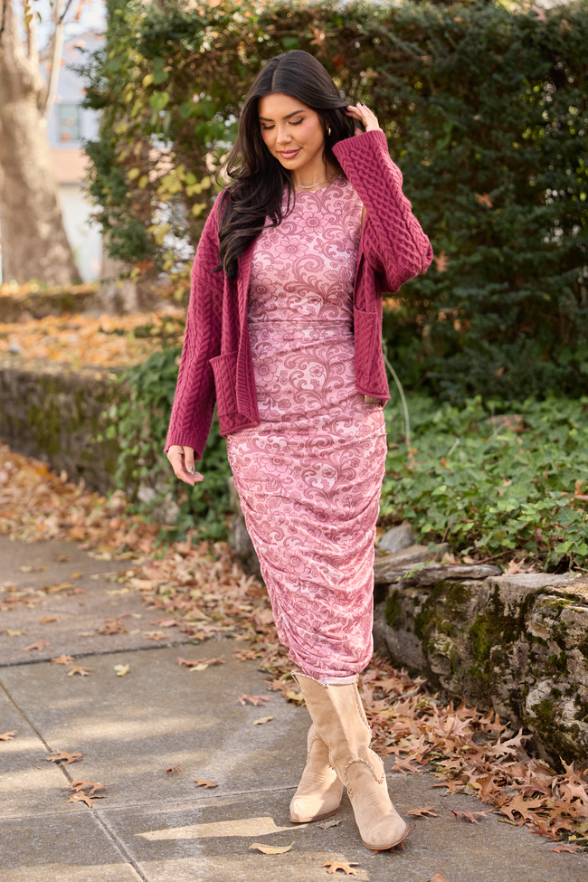 Ali Mauve Lace Print Mesh Midi Dress