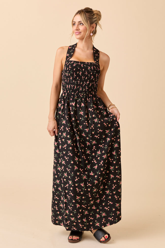 Jalissa Black Floral Criss Cross Back Maxi Dress