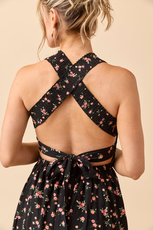 Jalissa Black Floral Criss Cross Back Maxi Dress