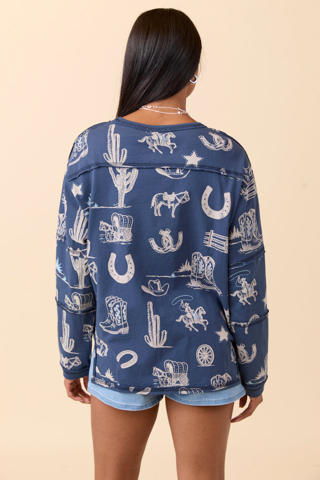 Zuri Blue Long Sleeve Western Tee