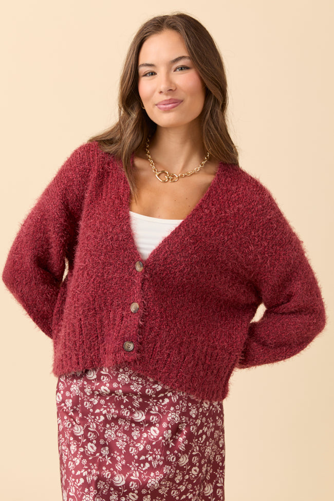 Jannie Burgundy Fuzzy Cropped Cardigan