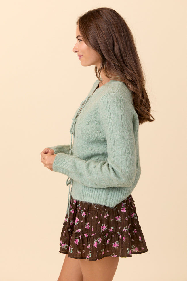 Everly Muted Seafoam Front Ties Textured Knit Cardigan