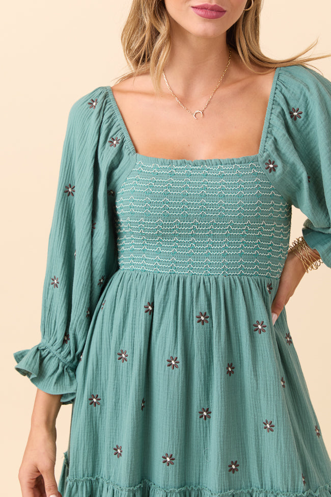 Dress To Impress Sage Floral Stitched Smocked Top Dress