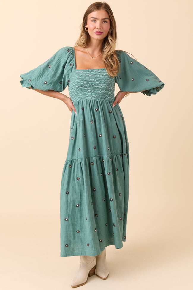 Dress To Impress Sage Floral Stitched Smocked Top Dress