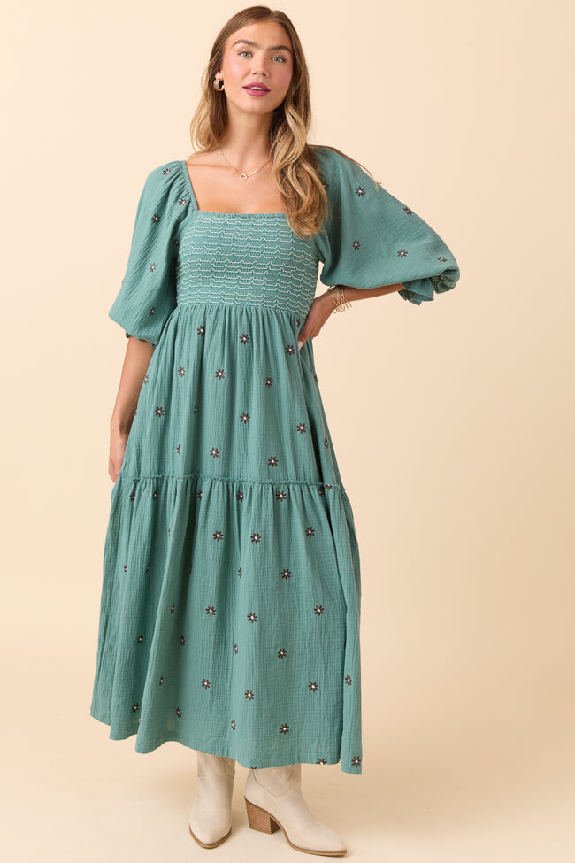 Dress To Impress Sage Floral Stitched Smocked Top Dress