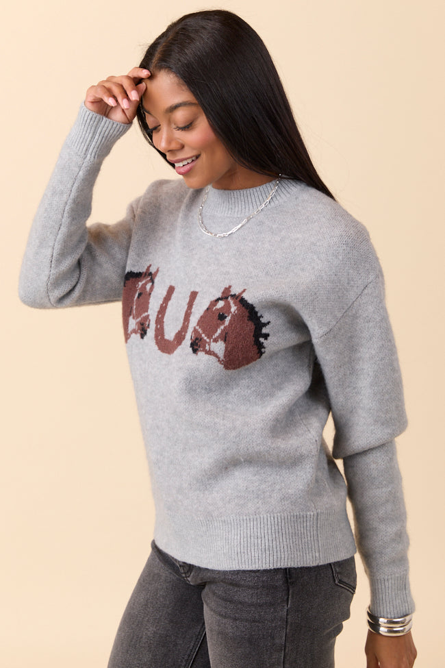 Montana Horse Motif Grey Knit Pullover Sweater