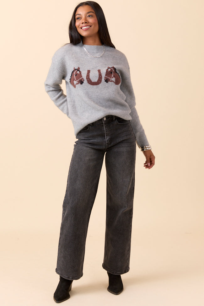 Montana Horse Motif Grey Knit Pullover Sweater