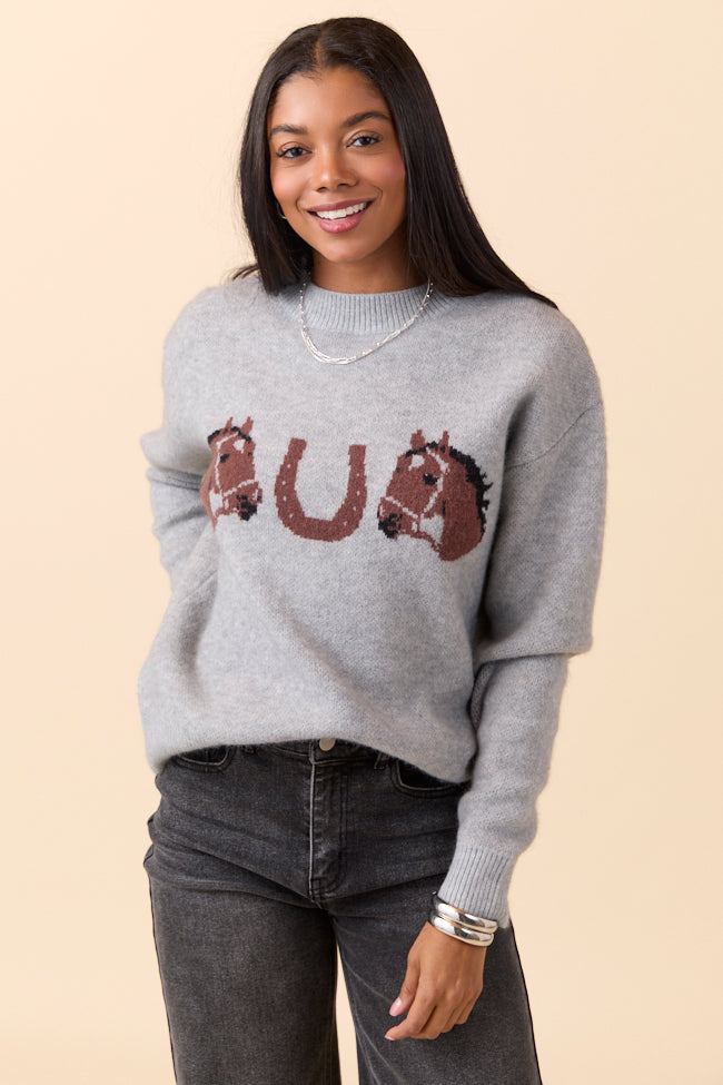 Montana Horse Motif Grey Knit Pullover Sweater