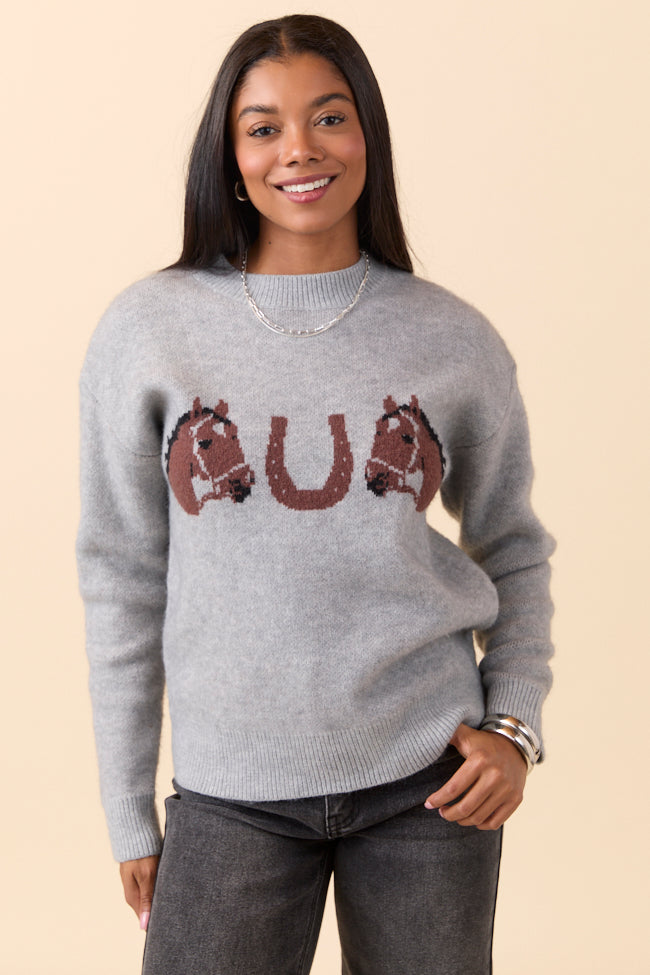 Montana Horse Motif Grey Knit Pullover Sweater