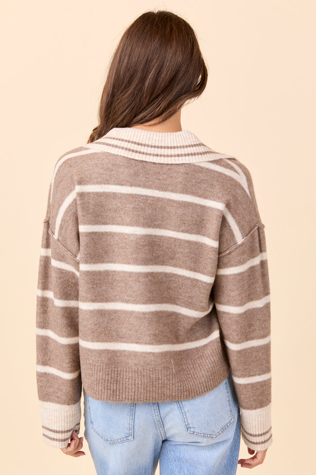 Saylor Taupe Stripe Collared V-Neck Pullover