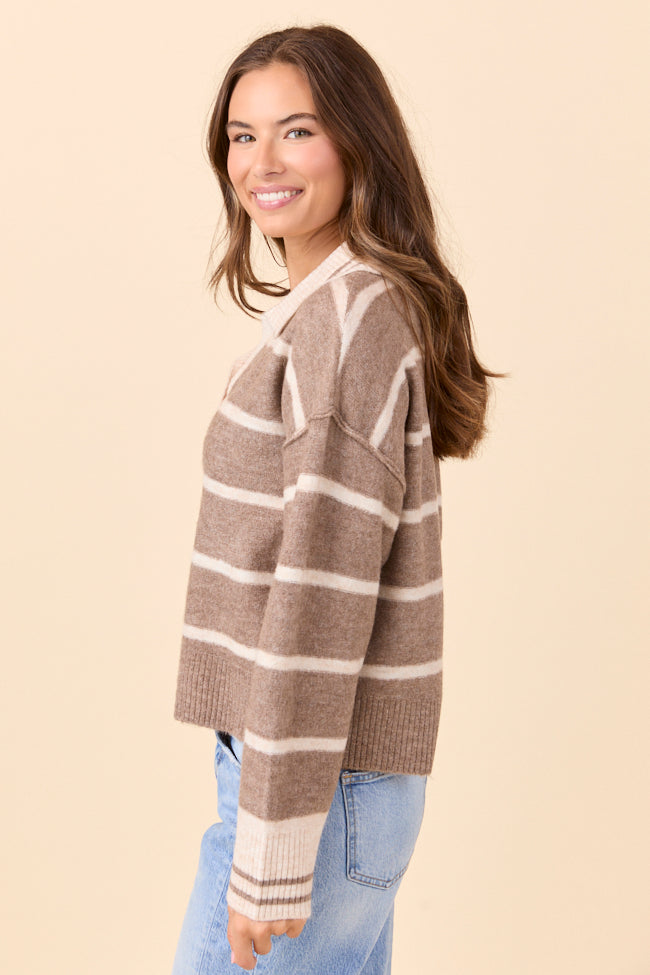 Saylor Taupe Stripe Collared V-Neck Pullover