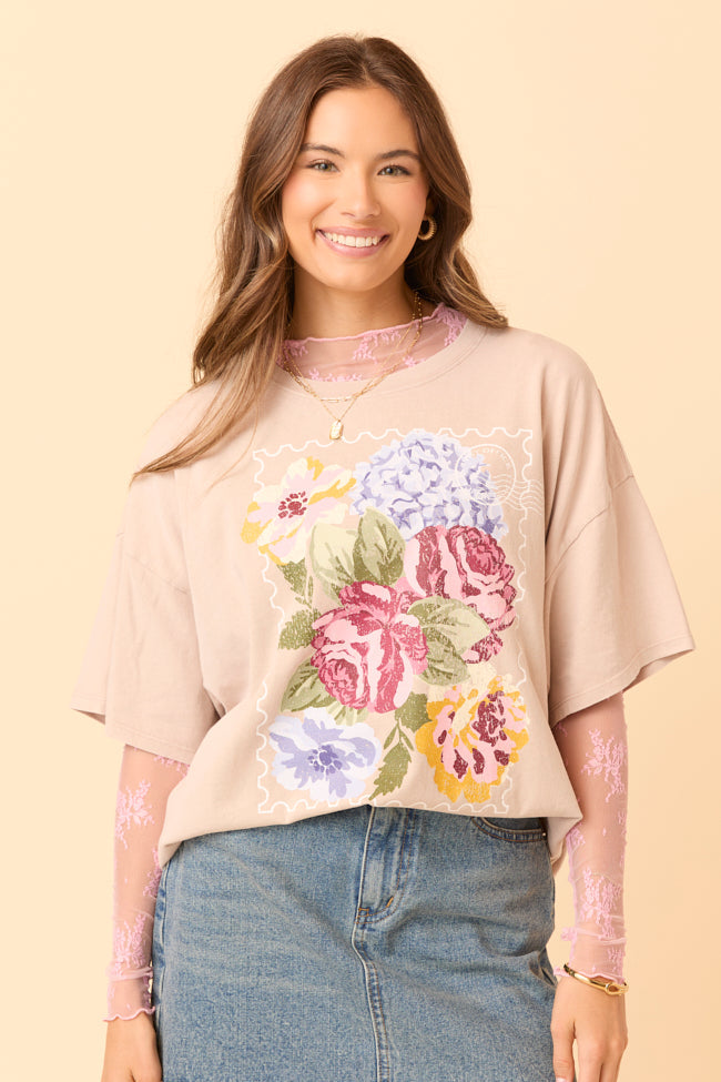 Floral Stamp Taupe Oversized Graphic Tee