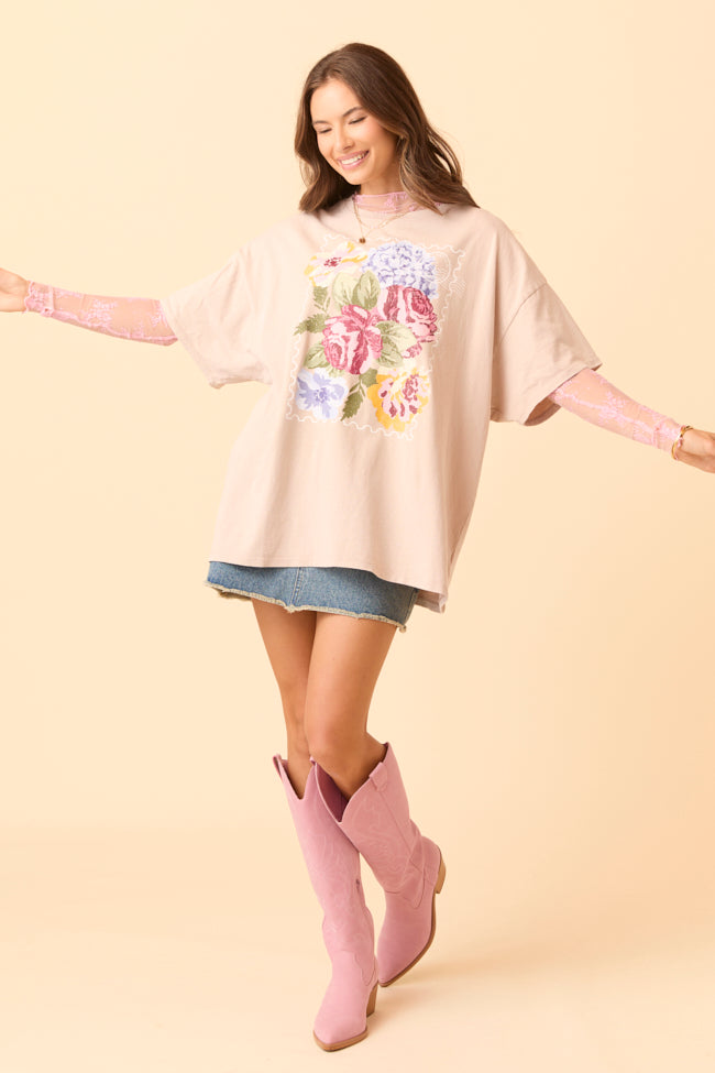 Floral Stamp Taupe Oversized Graphic Tee