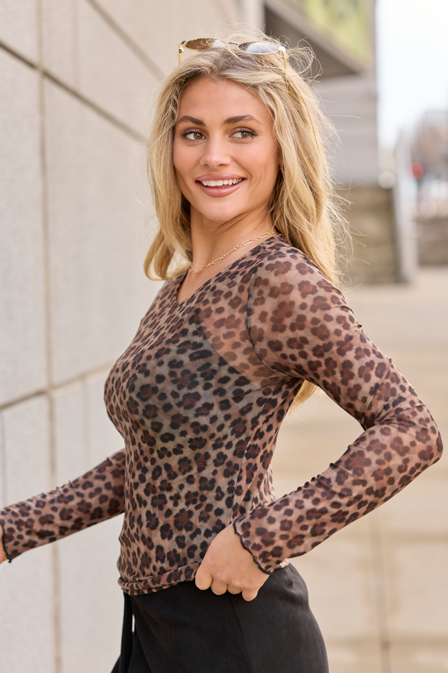 Vanessia Brown Cheetah Print Mesh Top