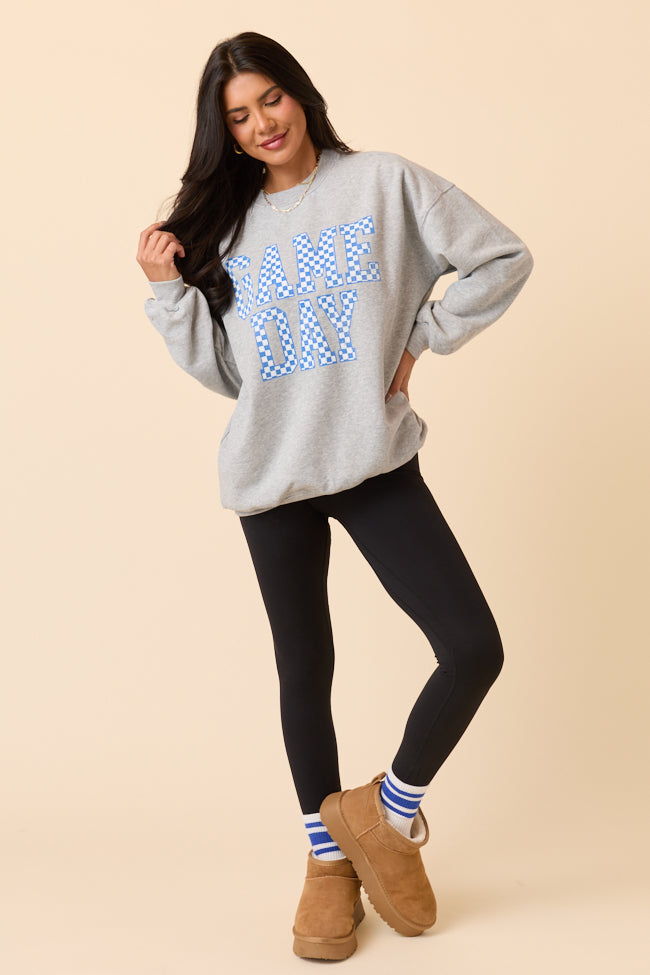 Checkered Blue Game Day Light Grey Graphic Sweatshirt
