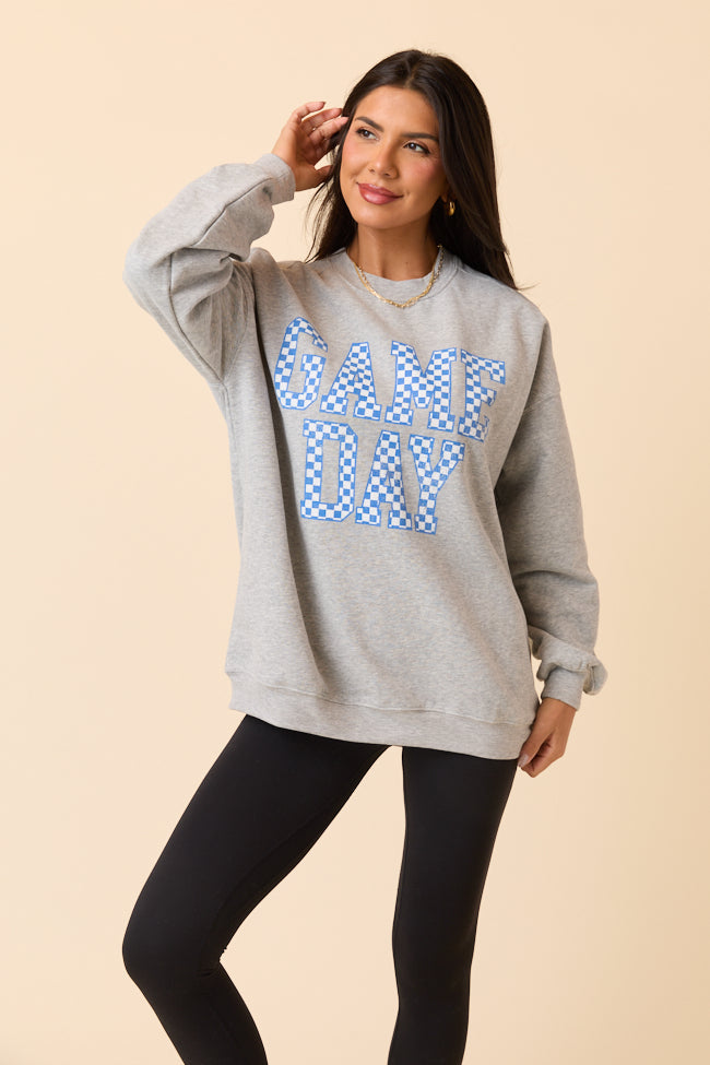 Checkered Blue Game Day Light Grey Graphic Sweatshirt
