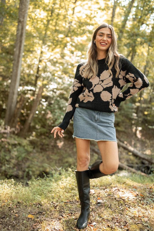 Moxie Taupe and Black Rose Motif Crewneck