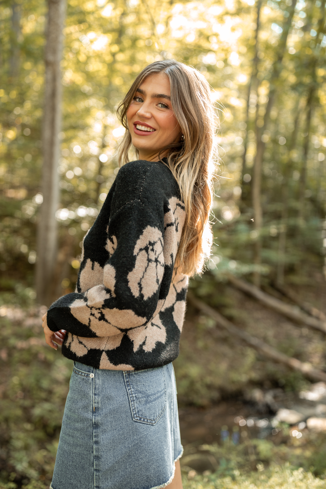 Moxie Taupe and Black Rose Motif Crewneck