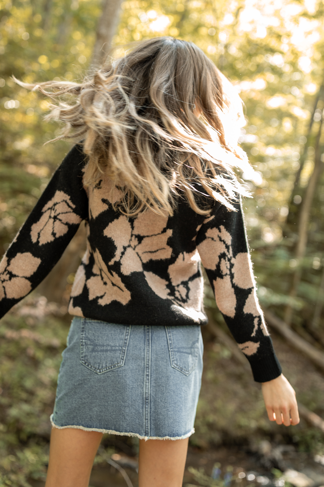 Moxie Taupe and Black Rose Motif Crewneck