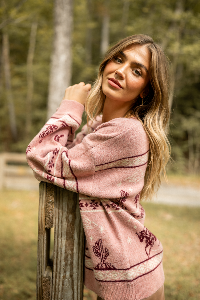 Raya Pink Western Fair Isle Crewneck Sweater