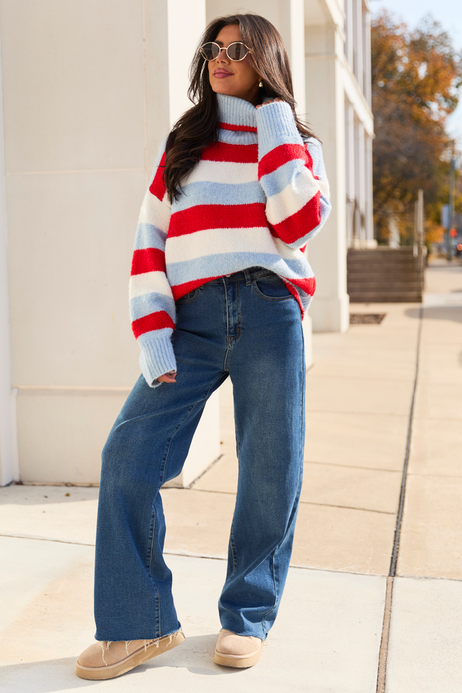 Shaylee Blue And Red Stripe Turtleneck Sweater