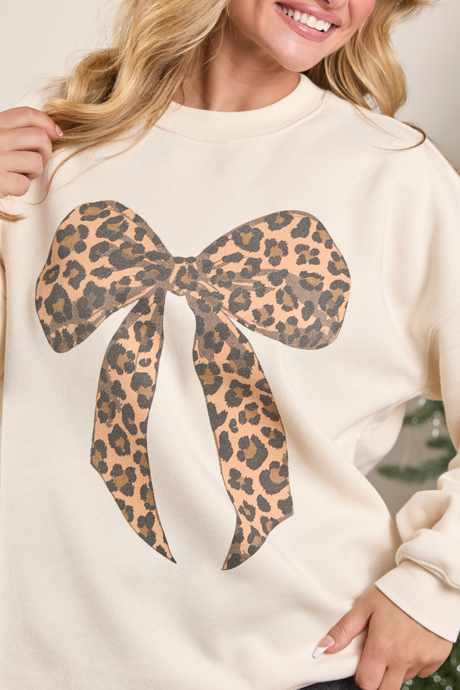 Leopard Bow Cream Graphic Sweatshirt