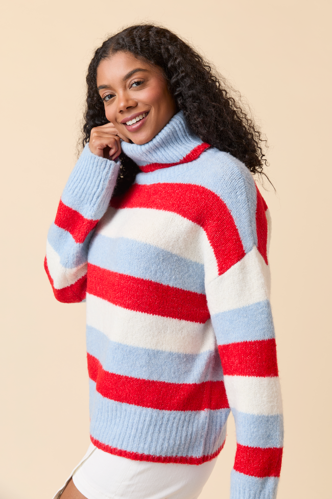 Shaylee Blue And Red Stripe Turtleneck Sweater